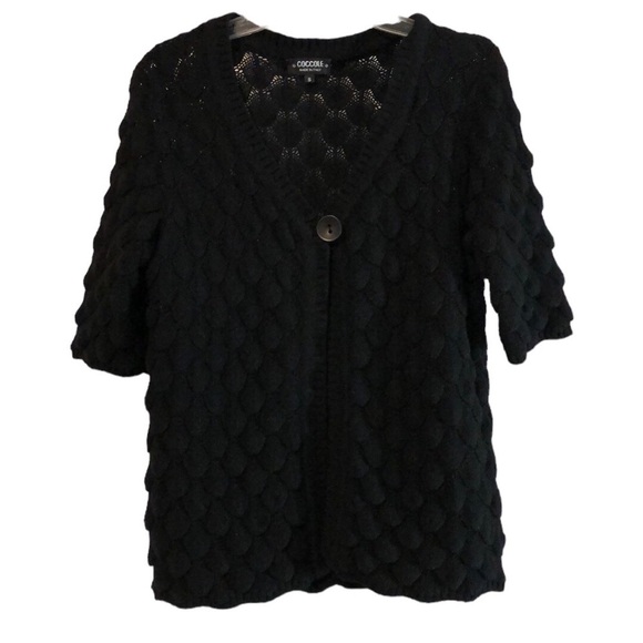 Coccole Womens Short Sleeve Cardigan Sz S Black Scalloped Knit Merino Wool Blend - Picture 1 of 9